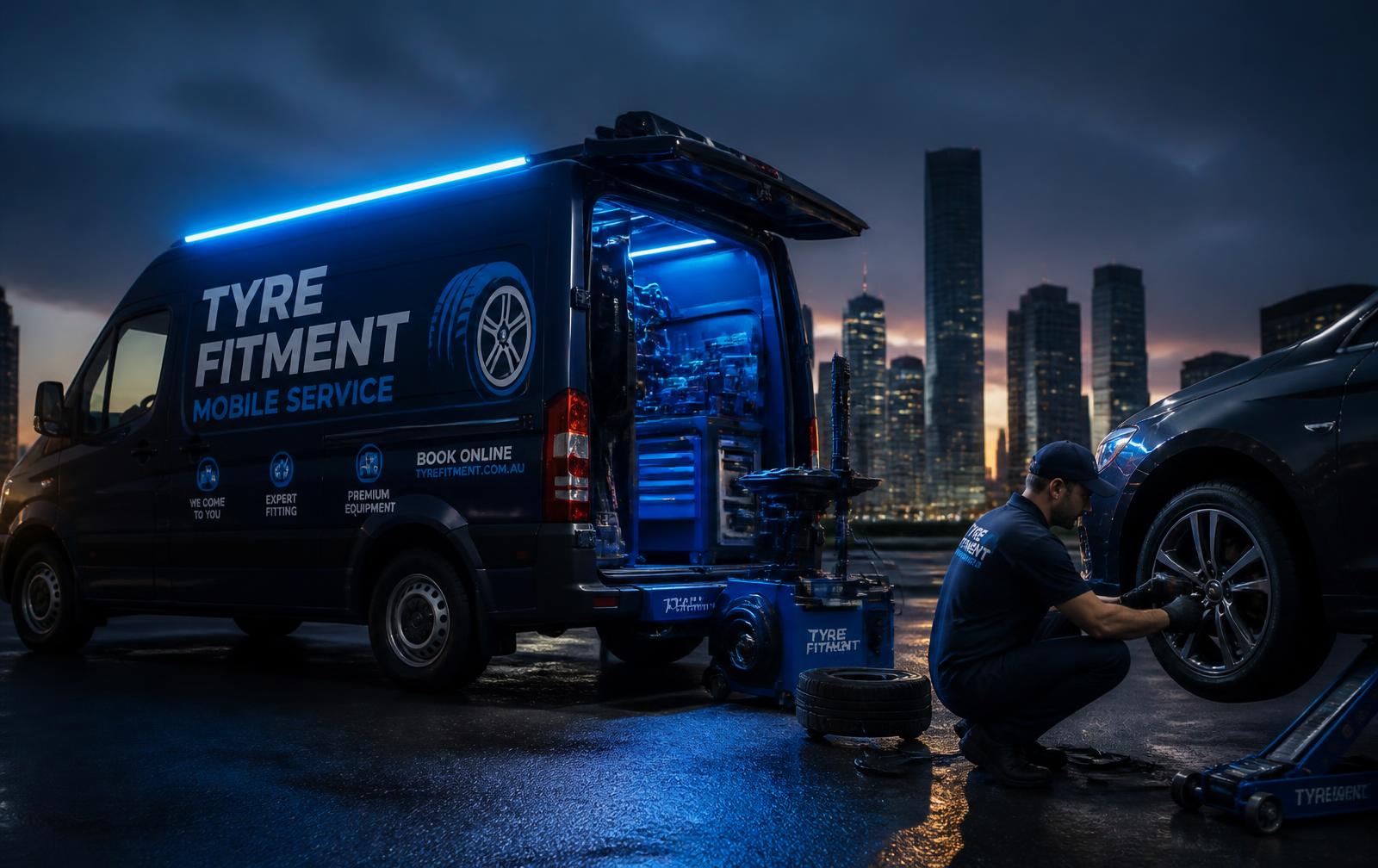 MOTYFI mobile tyre fitment van servicing a car at dusk